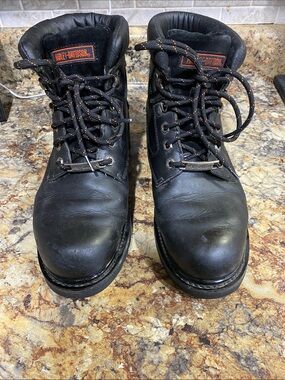Harley-Davidson Black Leather Lace-Up Work Boots with Orange Accents